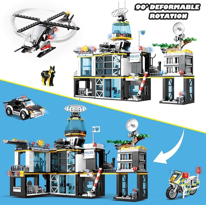 HOGOKIDS City Police Station Building Set - 1261 PCS Police Building Blocks Toys with Helicopter Motorcycle and 2 Cars, STEM Police Construction Playset for Kids Boys Girls Aged 8 9 10 11 12+