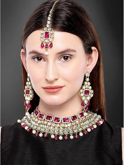 Aheli Kundan and Simulated Colored Stones Indian Ethnic Maang Tikka Necklace and Earrings Set Bollywood Festive Statement Jewelry Gift for Women