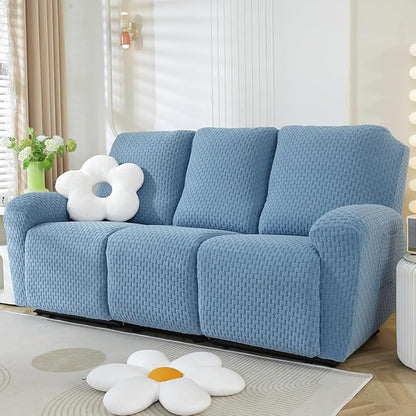 vctops 8 Pieces Jacquard Plush Recliner Sofa Covers Stretch Soft 3 Seats Couch Cover Anti-Slip Solid Color Sofa Slipcover Furniture Protector with Elastic Bottom for Kids Pet (Lake Blue,3 Seat)