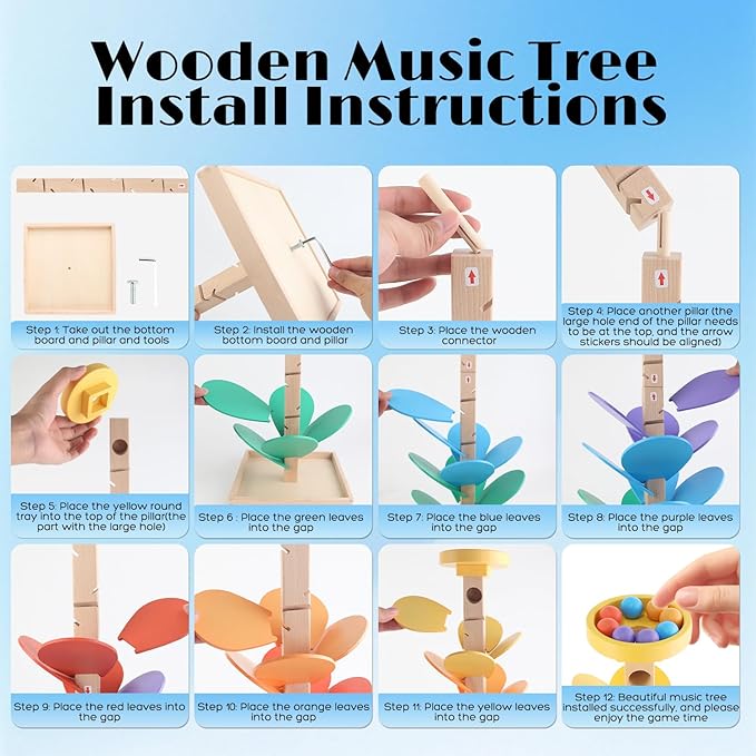 Wooden Marble Run for Kids 4-8 Boys Girls Toys Music Tree Wood Toddlers Marble Ball Run Game Leaves Toys for 3-5 Years Old Learning Montessori Color Sorting Toys Birthday Gift