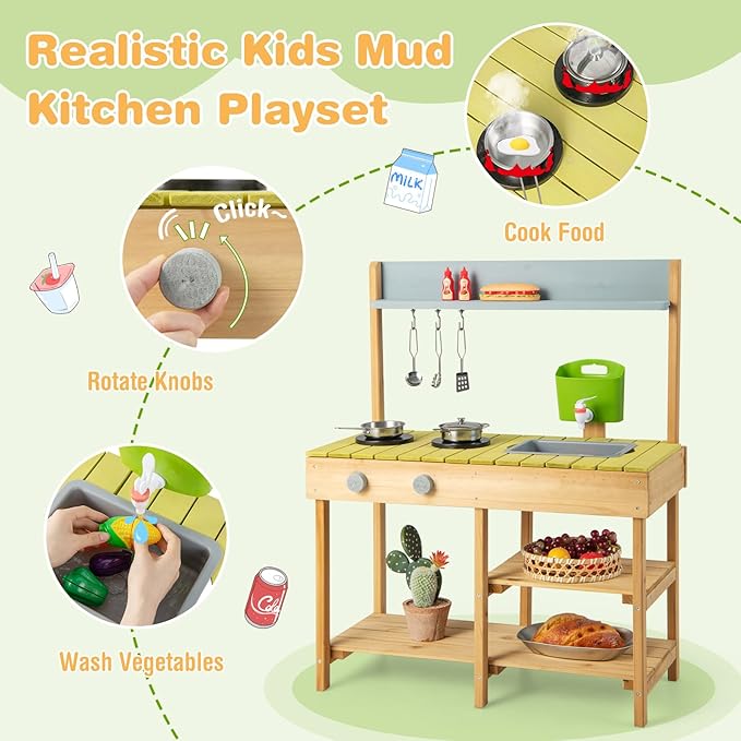 HONEY JOY Mud Kitchen, Fir Wooden Play Kitchen for Toddlers, Mud Table, Running Water, Removable Sink, Outdoor Kids Kitchen Playset, Mud Kitchen for Kids Outdoor, Gift for Boys Girls