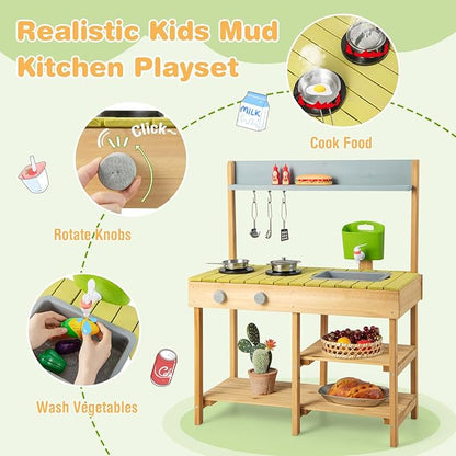 HONEY JOY Mud Kitchen, Fir Wooden Play Kitchen for Toddlers, Mud Table, Running Water, Removable Sink, Outdoor Kids Kitchen Playset, Mud Kitchen for Kids Outdoor, Gift for Boys Girls