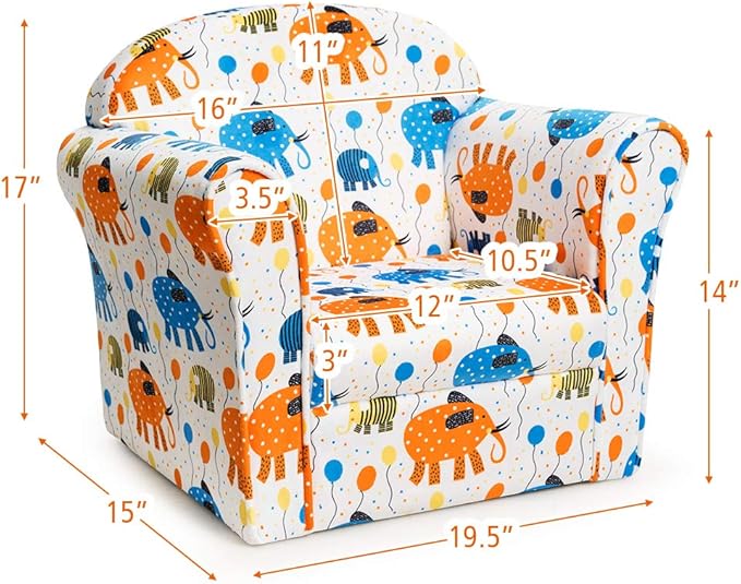 Costzon Kids Couch, Children's Sofa Armrest Chair with Pattern, Toddler Furniture w/Sturdy Wood Construction, Preschool, Lightweight Kids Couch Sofa Chair for Aged 1-5 Boys & Girls Gifts, Elephant