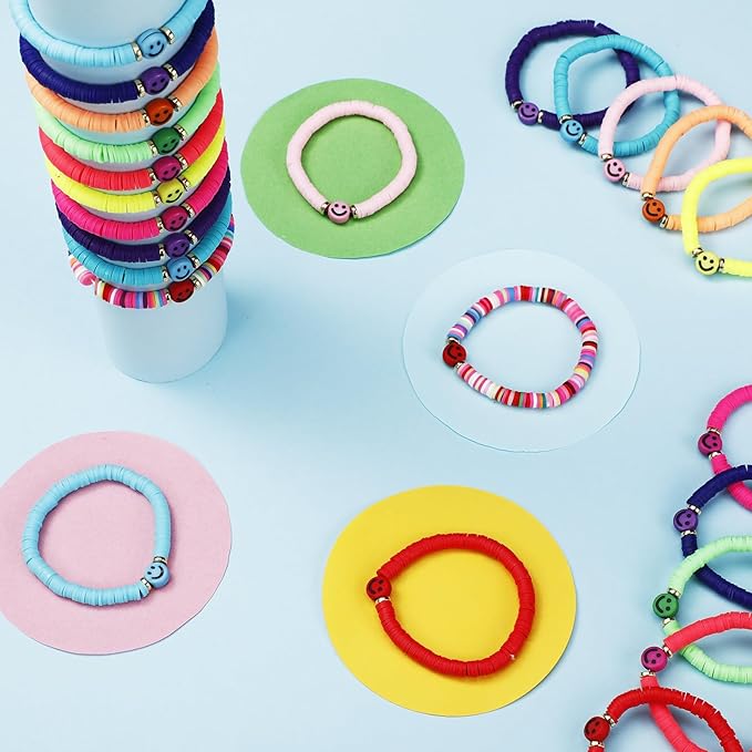Sureio 24 Pcs Colorful Happy Smile Face Friendship Bracelets Preppy Bracelets Heishi Surfer Stretch Bracelets Beaded Bracelet for Women Party Favors