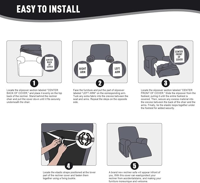 KinCam Recliner Covers, Stretch Reclining Chair Covers, Recliner Sofa Slipcovers Stripe Jacquard Recliner Couch Covers Furniture Protector Covers for Pet Kid (1 XL Seater, Black)