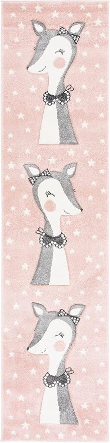SAFAVIEH Carousel Kids Collection Runner Rug - 2' x 8', Pink & Ivory, Doe Design, Non-Shedding & Easy Care, Ideal for High Traffic Areas for Boys & Girls in Playroom, Nursery, Bedroom (CRK191P)