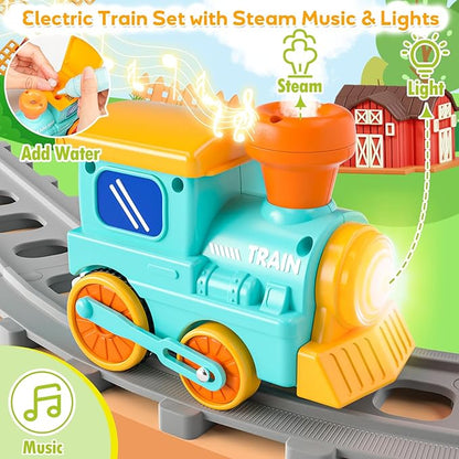 Toddler Toys for 1 2 3 Year Old, Electric Farm Animal Train Set with Music, Lights & Steam, Montessori Counting, Matching & Sorting Learning Toys, Christmas Birthday Gifts for Baby Boys Girls 18M+