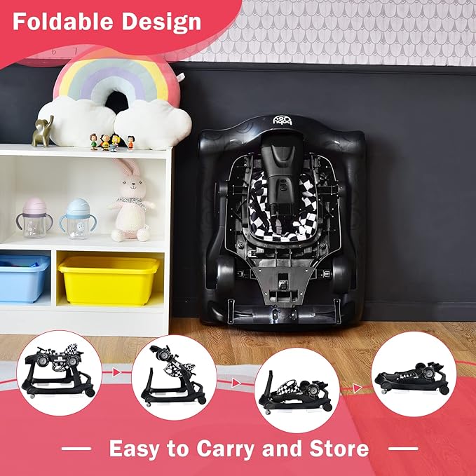 BABY JOY 4-in-1 Baby Walker, Foldable Activity Walker with Adjustable Height & Speed, Music, Lights, Anti-Rollover, Toddler Push Walker, Baby Walker with Wheels for Boys Girls 6-18 Months (Black)