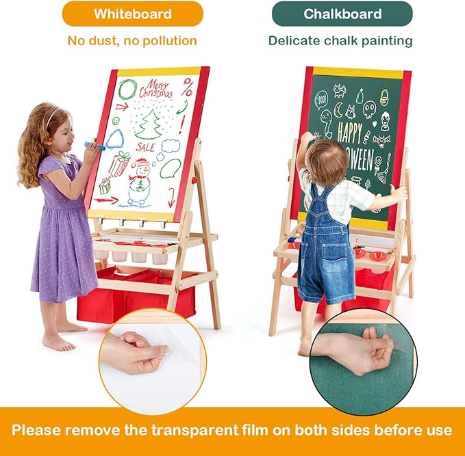 HONEY JOY Easel for Kids, Wooden Double-Sided Standing Toddler Easel w/Magnetic Chalkboard & White Board, Paper Roll, Painting Accessories, Magnetic Alphabet, Art Easel for Boys and Girls, Red