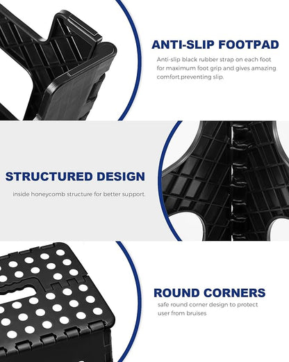 ACKO Folding Step Stool Foldable Step Stools for Kids and Adults 11 Inch Foot Stool Black Plastic Step Stool with Portable Handle Small Stool Hold up to 300lbs for Bathroom,Bedroom, Kitchen 1PC