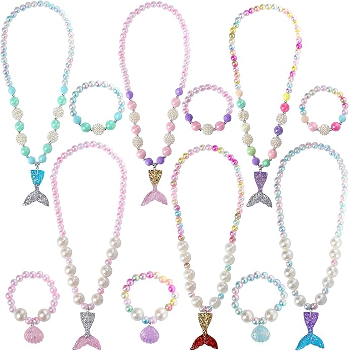 PinkSheep Mermaid Beaded Necklace Bracelets for Kids, Little Girl Mermaid Pearl Jewelry Sets, 6 Pack 12pc, Favors Bags for Party