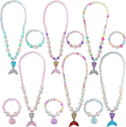 PinkSheep Mermaid Beaded Necklace Bracelets for Kids, Little Girl Mermaid Pearl Jewelry Sets, 6 Pack 12pc, Favors Bags for Party
