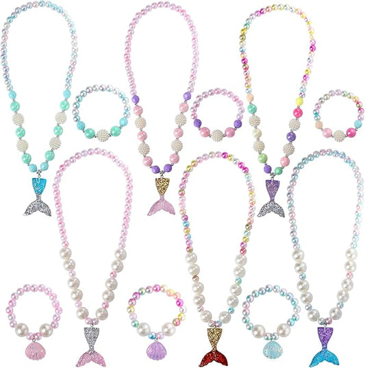 PinkSheep Mermaid Beaded Necklace Bracelets for Kids, Little Girl Mermaid Pearl Jewelry Sets, 6 Pack 12pc, Favors Bags for Party