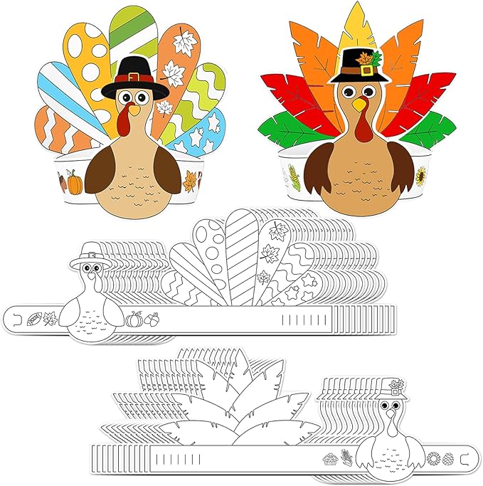 Color Your Own Turkey Crowns,24Pcs Thanksgiving Turkey Coloring Crowns Paper Turkey Hats Thanksgiving Crafts for Kids Family Classroom School and Holiday Craft Activity
