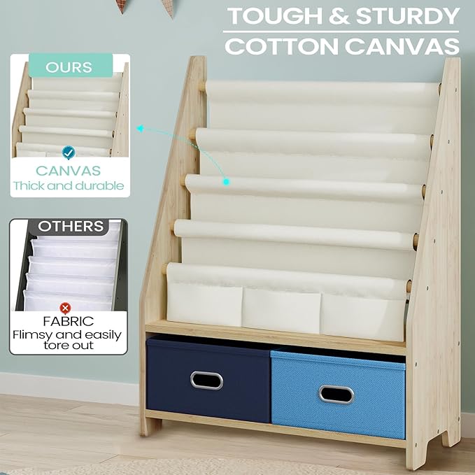 EXPERLAM 4 Tier Kids Book Shelf, Wooden Kids Book Rack Storage Bookshelf with Toy Storage Organizer, Toddler Sling Bookshelf for Boys, Girls, Kids Room, Blue