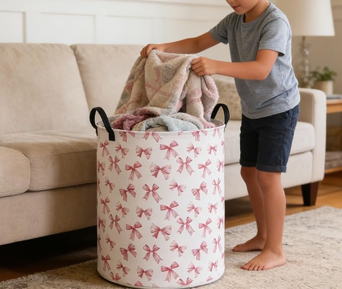 Essme Kids Laundry Basket,Pink Hamper Waterproof Storage Bin for Girls, Pink Hamper,Gift Baskets(Pink Bowknot)