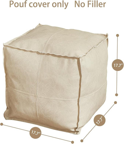 Louis Donné Unstuffed Pouf Ottoman Footstool Cover Handmade Faux PU Leather Moroccan footrest Cover for Living Room Storage Clothes blancket Balcony Office Outdoor Square Beige 17.7"(Only Cover)