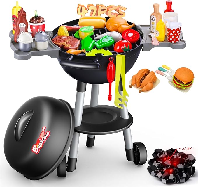 47 PCS Kids Kitchen Toys Set, Kids Toy Grill Playset, Interactive Toy BBQ Grill Set with Sound&Light, Pretend Play Outdoor Barbecue Cooking Toys, Christmas Birthday Gift for Kids Boys Girls Ages 3+