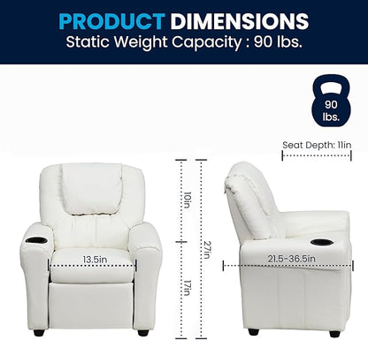 Flash Furniture Vana Vinyl Kids Recliner with Cup Holder, Headrest, and Safety Recline, Contemporary Reclining Chair for Kids, Supports up to 90 lbs., White