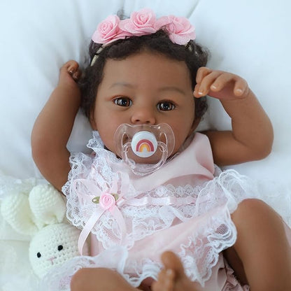 Reborn Baby Doll Black Girl – 18-Inch Realistic Lifelike African American Newborn Handmade Doll with Real Life Soft Weighted Body and Accessories – Gift Set for Kids Ages 3 and Up