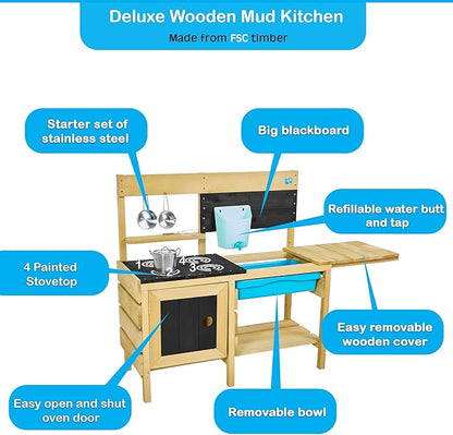 TP Toys, Deluxe Wooden Mud Kitchen for Boys and Girls Ages 3-8 | Kids Outdoor Kitchen Playset with Sand and Water Pan, Play Sink, and Kitchen Accessories | Fun Backyard Pretend Play for Toddlers.