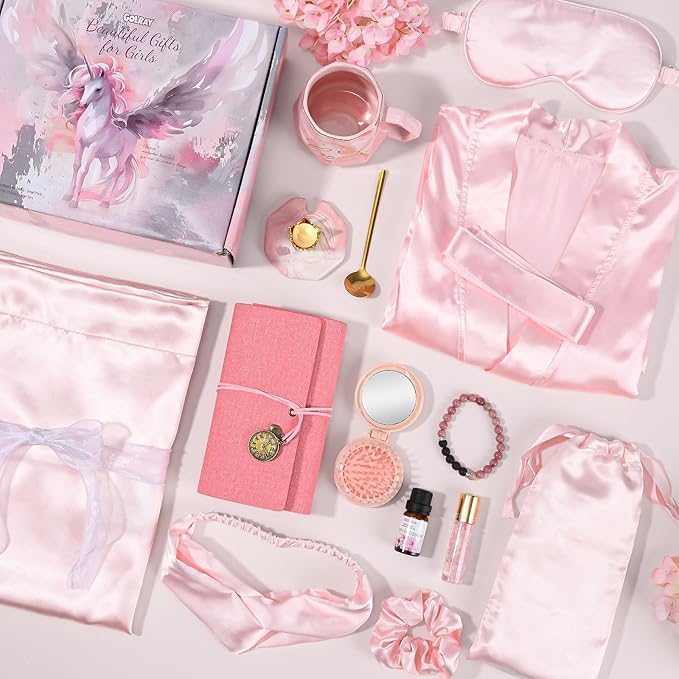 Golray Gifts for Teen Girls Kids -13 Pcs Teenage Girl Gifts Basket with Satin Pillowcase/Spa Robe/Journal/Mug, Christmas Birthday Gifts Set for Women Daughter Sister Tween Girls Toy Age 10 11 12-18