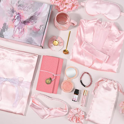 Golray Gifts for Teen Girls Kids -13 Pcs Teenage Girl Gifts Basket with Satin Pillowcase/Spa Robe/Journal/Mug, Christmas Birthday Gifts Set for Women Daughter Sister Tween Girls Toy Age 10 11 12-18