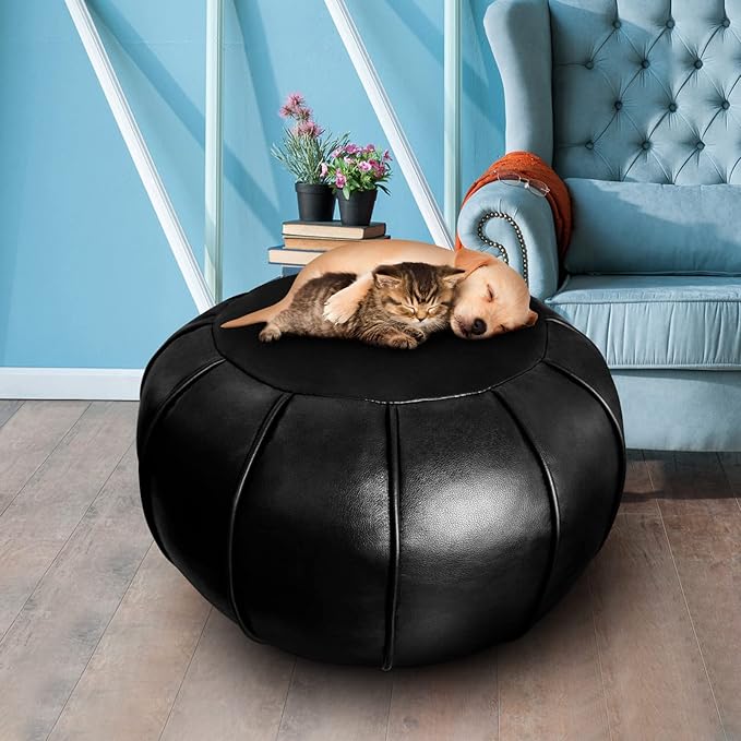Louis Donné Unstuffed Ottoman Pouf Cover, Supersoft Handmade Faux Moroccan Decor, Small Bean Bag for Storage Solution, Foot Stool for Foot Rest, Footstools for Balcony Office Indoor 21dia Black