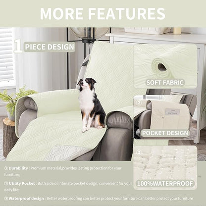 Easehomey 100% Waterproof Recliner Chair Covers, Non Slip Oversized Reclining Cover, Cover Furniture Protector Washable Chair Cover with Pocket,Elastic Straps for Kids,Pets,Dogs(Cream White,28")