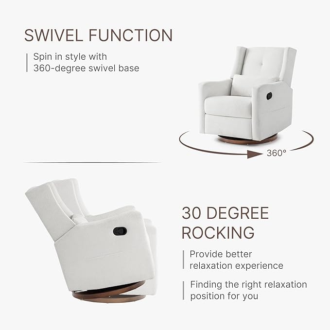 Upholstered Recliner Swivel Glider Nursery Chair Reclining Performance Fabric Rocker with Wood Base,Boucle,Ivory