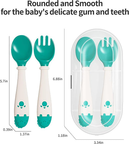 Deejoy Toddler Utensils with Travel Safe Case, Silicone Baby Spoons and Fork Set for Self Feeding, Toddlers Feeding Training Spoon, Easy Grip Heat-Resistant, Bendable Function (2 Sets, Green&Pink)