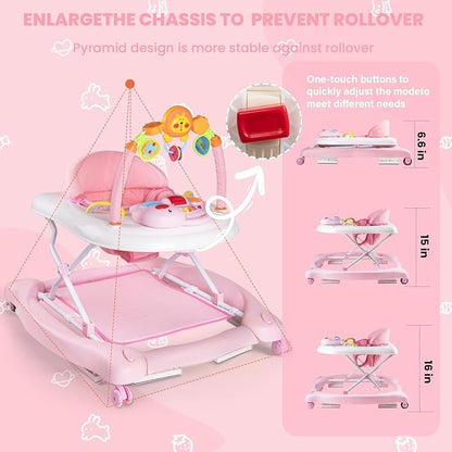 Boyro Baby 5-in-1 Baby Walker, Baby Walkers for Boys Girls 6-12 Months, Foldable Activity Walker, Toddler Infant Walker with Bouncer, Adjustable Height, Removable Footrest, Feeding Tray, Music