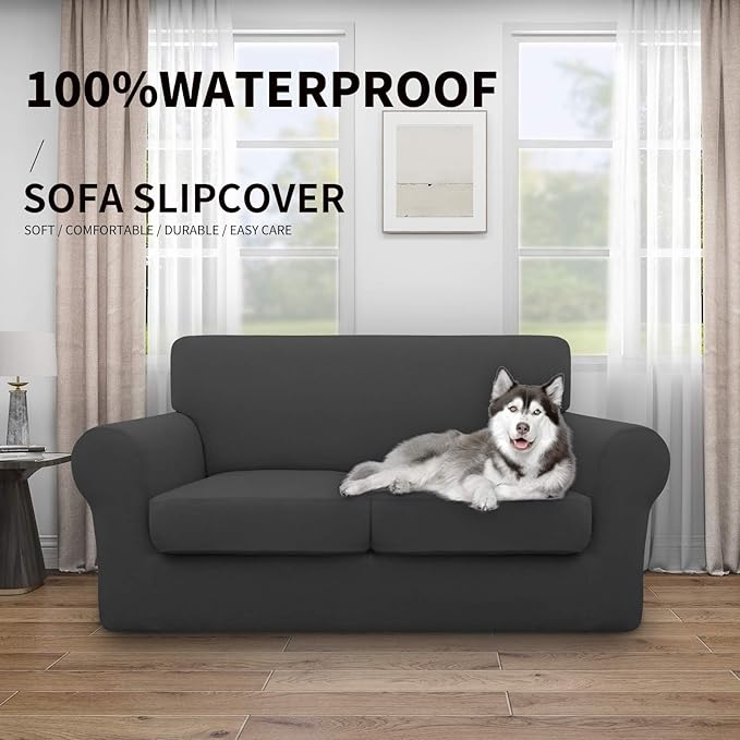 Easy-Going 100% Dual Waterproof Loveseat Cover Stretch Soft Couch Cover for Dogs, Sofa Slipcover for 2 Separate Cushion Couch Leakproof Furniture Protector for Kids, Pets Dark Gray