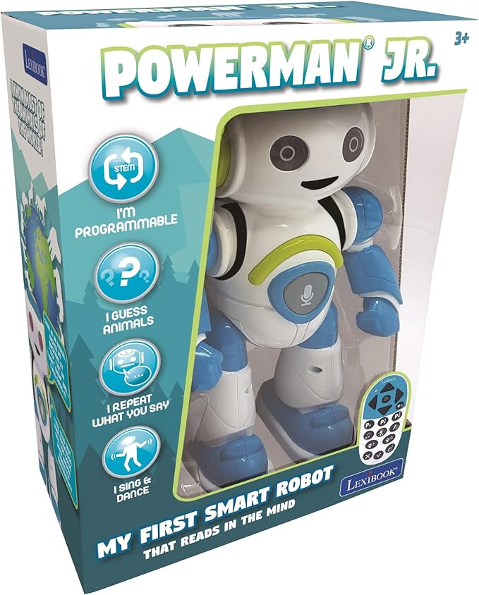 Lexibook - Powerman Jr. Smart Interactive Toy That Reads in The Mind Toy for Kids Dancing Plays Music Animal Quiz STEM Programmable Remote Control Boy Robot Junior Green/Blue - ROB20EN