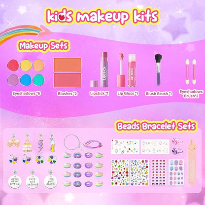 Kids Makeup & Jewelry Kit for Girls - Washable Real Cosmetics Set with Bracelet-Making for Children Toddler, Princess Dress-Up Toy, Ideal Winter Birthday Gift for 4-12 Year Olds (Pink)