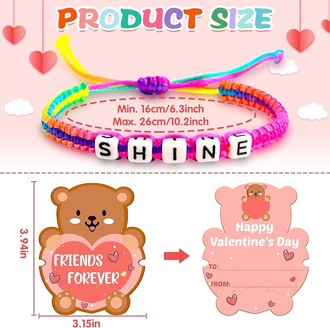 Valentines Day Cards for Kids School with Bracelets 24 Pack, Valentines Day Gifts for Kids Classroom with Friendship Bead Bracelets, Exchange Gift Valentine Party Favors for Kids Girls Boys