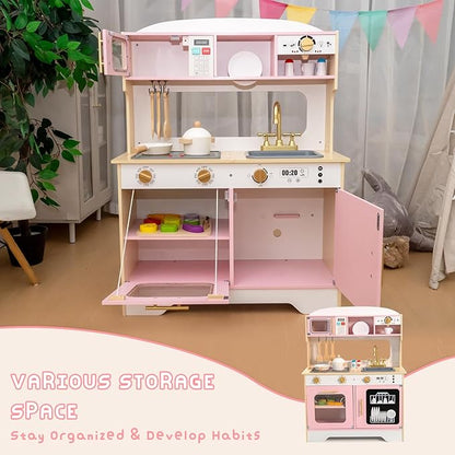 Garsing Toy Kitchen Playset with Real Sounds and Lights, Double Sided Kids Kitchen Playset with Restaurant, Wooden Play Kitchen with Cutting Food Set and Cooking Accessories for Kids Ages 3-8, Pink