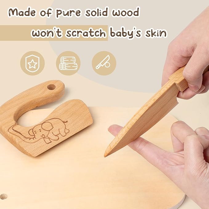 Wooden Kids Safe Knife and Kids Baking Set for Real Cooking, 10 Pcs Montessori Kitchen Tools,Toddler Knife Set Ideal for Cooking and Baking
