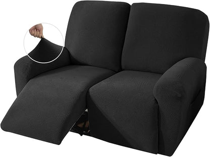 JIVINER Loveseat Recliner Covers, Jacquard 4 Piece Recliner Sofa Cover with Pockets Washable Lazy Boy Reclining Couch Protector with Elastic Bottom (Recliner Loveseat, Black)