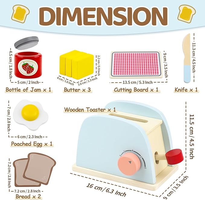 Airlab Play Kitchen Accessories Toddlers 1-3 Wooden Pop-up Toaster Toy Play Food Kids Age 1 2 3, Bread, Butter, Poached Egg Cutting Pretend Toys for 2-4 Year Old Toddlers Boys Girls