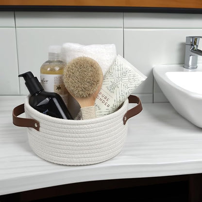 Small Woven Basket, Cute Mini Cotton Rope Storage Basket with leather handle, Tiny Decorative Round Storage Bin, Boho Empty Gift Baskets for Organizing, Toy Organizer for Nursery (Narrow handle)