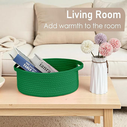 JMvicyroam Woven Basket,Small Rope Storage Bin with Handles & Ribbon Bag, Organizer for Shelves Closets,Gift Basket Empty for Birthday,Books,Dog Toys, Green/2 Pack