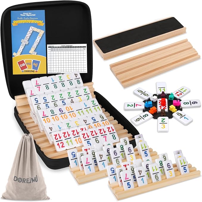 Mexican Train Dominoes Set Numbers and 8 Wooden Racks,Double 12 Travel Domino Train Game with 91 Colored Tiles and Protable Case, Number Domino Set for Kids, Adults Family Board Team Games
