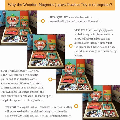 Wooden Magnetic Jigsaw Puzzles Toy, Toddler Craft Toys Educational Travel Puzzle Games Double Sided Drawing Easel for Boys and Girls