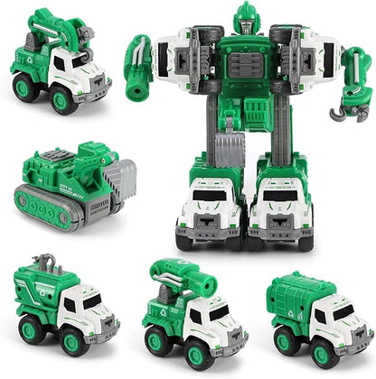 Toys for 3 4 5 6 Year Old Boys– 5-in-1 Detachable Construction Vehicles Set–Transform Robot Kids Toys Cars– Easy DIY Toys for Ages 5+ – Gifts for Boys Girls Birthday Christmas Easter