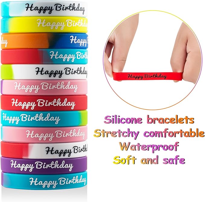 36pcs Happy Birthday Rubber Bracelets Colorful Silicone Stretch Wristbands for Birthday Party Supplies Favors rubber bracelets for kids&teens Classroom Prizes Teacher Supplies