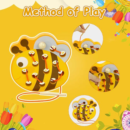 Sealive Wooden Lacing Toys for Toddlers - Fun and Educational Threading Set | Develop Fine Motor Skills | Durable Montessori Toy for Travel (Bee)