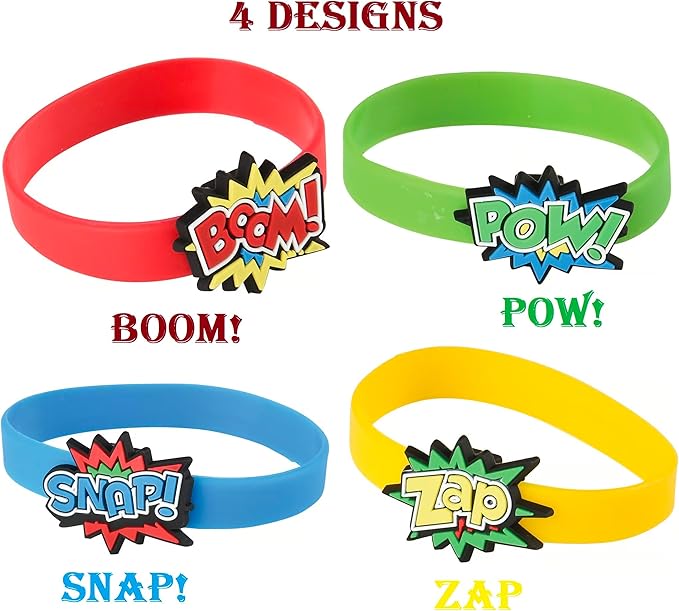 Superhero Stretchy Rubber Bracelets (48 Pack) (6") Colorful Wristbands with Comic Super Hero Action Sayings Snap! Pow! Boom! Zap. Great for Birthday, Party Favors (Superhero Bracelets, 48)