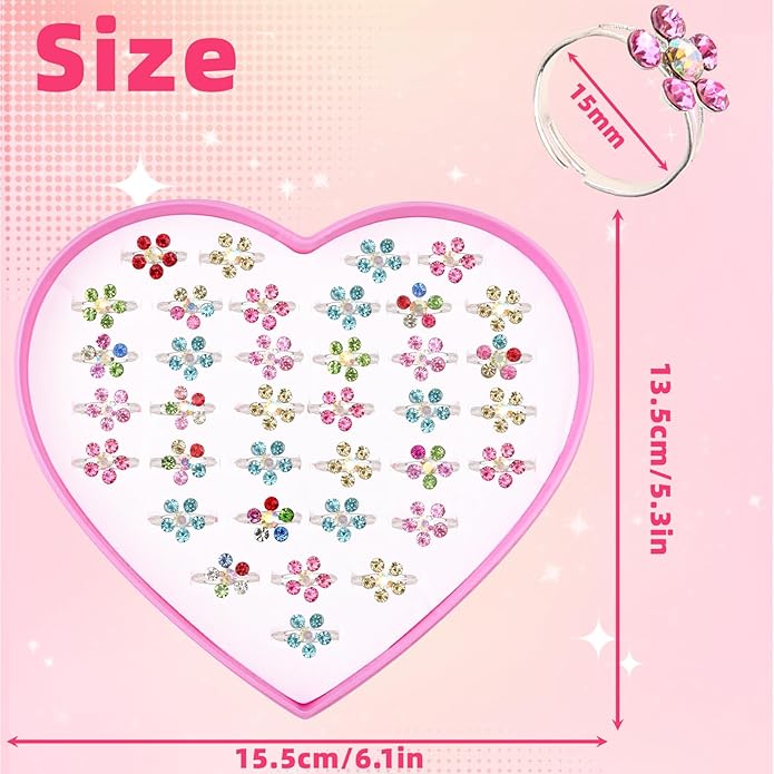 Little Girl Jewel Rings, Adjustable Pink Rings Girls Kids Pretend Play and Dress up Jewelry Set, Cute Rings with Display Case Party Favors Toys Gifts