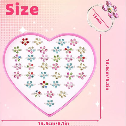 Little Girl Jewel Rings, Adjustable Pink Rings Girls Kids Pretend Play and Dress up Jewelry Set, Cute Rings with Display Case Party Favors Toys Gifts